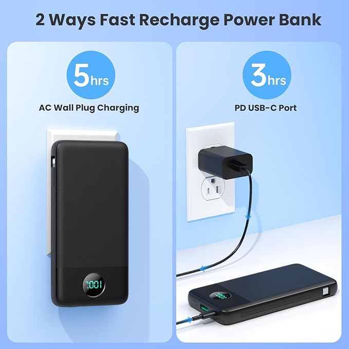 Portable Charger USB C Power Bank with 2 Built in Cables & AC Wall Plug,13800mAh Portable Battery Pack Fast Charging Compact LED Display Universal Compatible with iPhone 17/16,Galaxy S23,Tablets etc