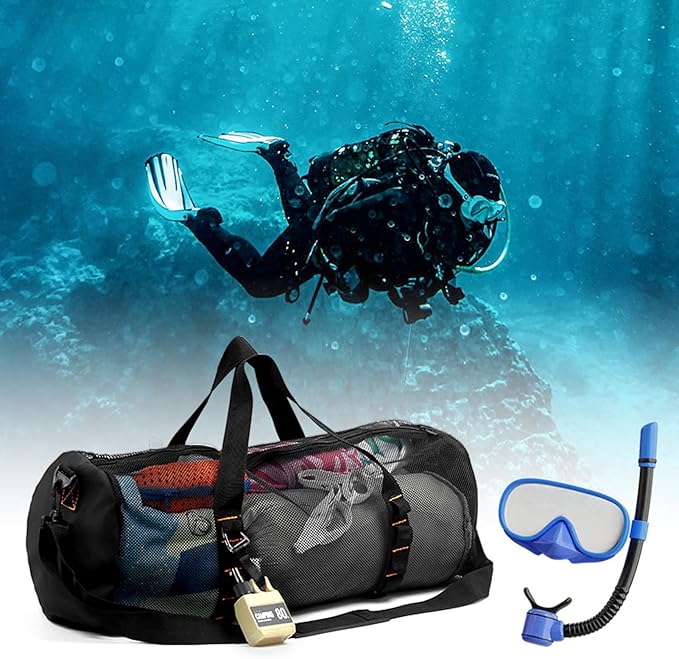 Mesh Gym Bag -Mesh Duffle Bags, Multifunctional Cylindrical Bag With Adjustable Strap, Portable Snorkeling Equipment Carry | Large Capacity Gym Bags, Snorkel Gear With Inside Hook For Travel