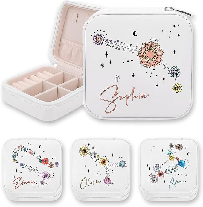 NICEDREAM Personalized Floral Constellation Jewelry Box Custom Name 12 Constellations Travel Jewelry Case Organizer Box for Earrings Rings Necklaces Gift for Women Girls