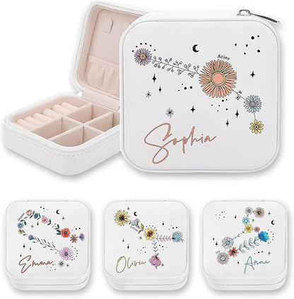 NICEDREAM Personalized Floral Constellation Jewelry Box Custom Name 12 Constellations Travel Jewelry Case Organizer Box for Earrings Rings Necklaces Gift for Women Girls