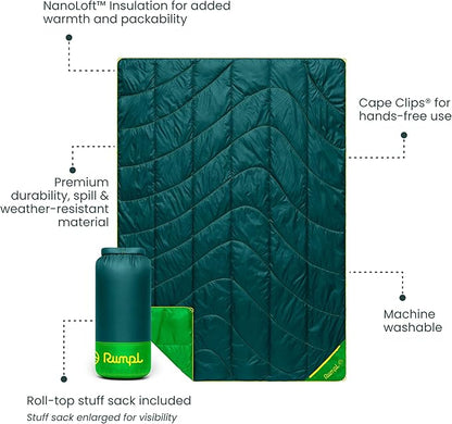 Rumpl Backcountry Puffy Blanket - Packing Comfort Into Uncomfortable Places, 100% Recycled Polyester Insulation, Lightweight, Packable, Water Resistant, 52" x 75", Sea Moss
