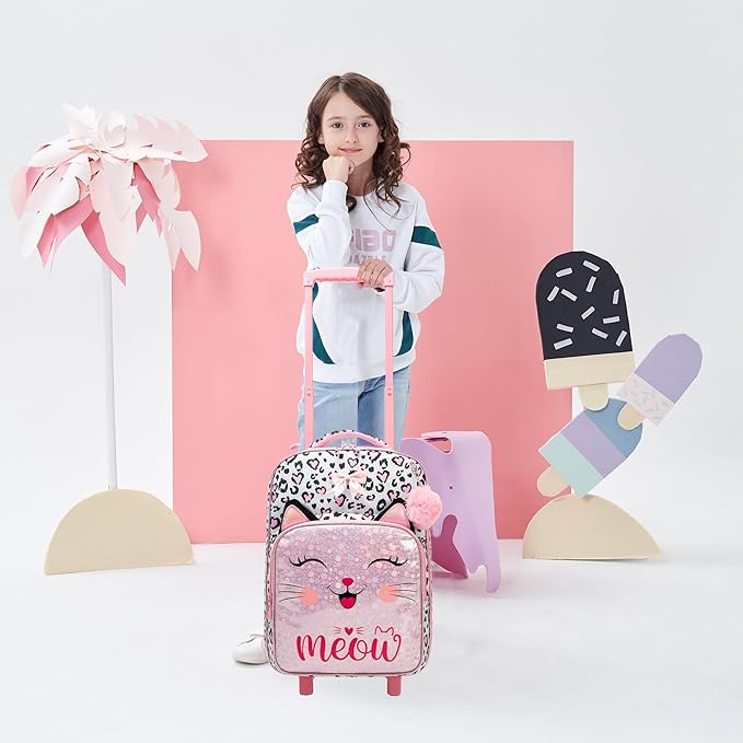 Girls Pink Cat Luggage with Wheels Suitcases Travel Softside Suitcases 16" Carry on Suitcase with Duffle Bag Luggage Sets Airline Approved