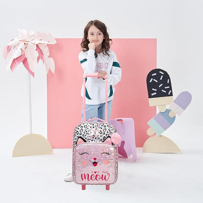 Girls Pink Cat Luggage with Wheels Suitcases Travel Softside Suitcases 16" Carry on Suitcase with Duffle Bag Luggage Sets Airline Approved
