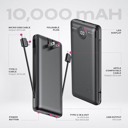 Statik GoHub Slim Portable Charger with Wall Plug, Portable Charger Built in Cables, Universal Charging Station Multiple Devices, 10000mAh Power Bank USB C Portable Phone Charger Battery Pack 3 Pack
