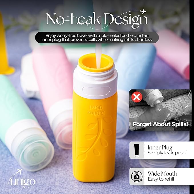 unigo Travel Bottles For Toiletries, 4-pack TSA Approved Containers, Travel Size Toiletries, Shampoo and Conditioner Bottles, Leak Proof and Refillable Bottles, Extra Bottle Covers (Multicolor A)