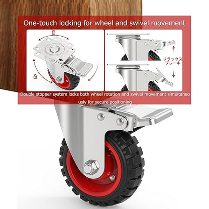 4" Swivel Caster Wheels with Safety Dual Locking and Rubber Tire Wheels, Heavy Duty - 300 Lbs Per Caster for Workbench, Cart, Trolley, Dolly, Cabinet, Compact Rubber Castor Wheels, 4-Packs