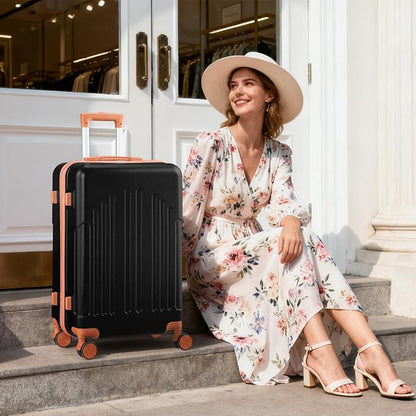 Karl home 28 Inch Check-in Luggage with Spinner Wheels, ABS Hardshell Checked Suitcase with TSA Lock, Durable Large Suitcase Rolling Luggage for Men Women, Black & Brown