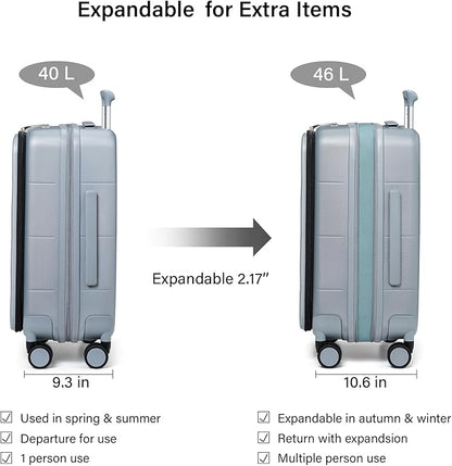 Hanke Hardside Expandable Carry On Luggage, 20 Inch Top Opening Trunk Luggages with Spinner Wheels, All-PC Hard Shell Carry-On Suitcase, Lightweight & TSA Airline Approved (Grey, 46L)