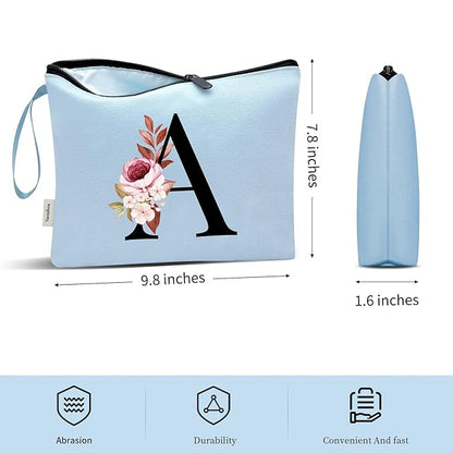 Vavabox A-Z Personalized Makeup Bag, Birthday Gifts for Women Mom, Gifts for Best Friend, Bride Bridesmaid Cosmetic bag (D, Blue)