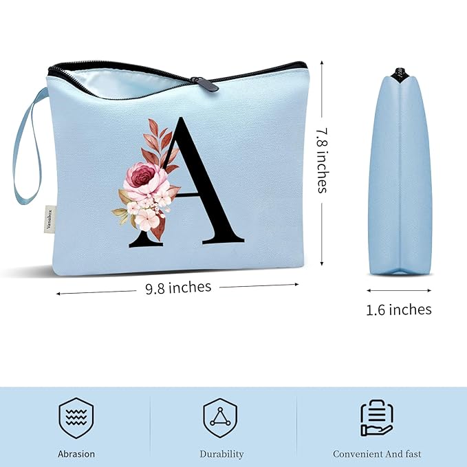 Vavabox A-Z Personalized Makeup Bag, Birthday Gifts for Women Mom, Gifts for Best Friend, Bride Bridesmaid Cosmetic bag (C, Blue)