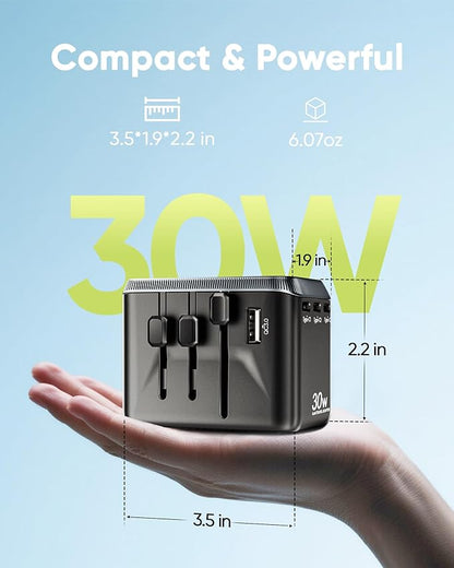 Universal Travel Adapter, 30W International Power Adapter with 4 USB-C & 1 USB-A Ports, European Travel Plug Adapter, Worldwide Travel Essentials for EU UK AUS USA
