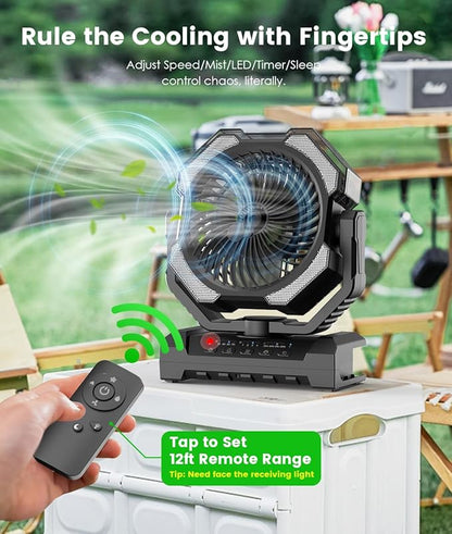 Misting Fan - Portable Battery Powered Fans with 9oz Water Tank, Light, Hook - Rechargeable, 120H Cooling, Last 5H Mist, 4 Speed, Sleep Mode - Outdoor Fan, for Camping, Travel Essentials