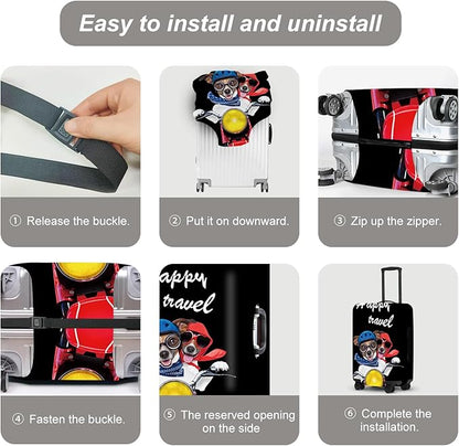 Pet Travel Luggage Protector, Washable Dog Design Suitcase Case with “Happy travel” Text Anti-scratch for 28",30"Bag