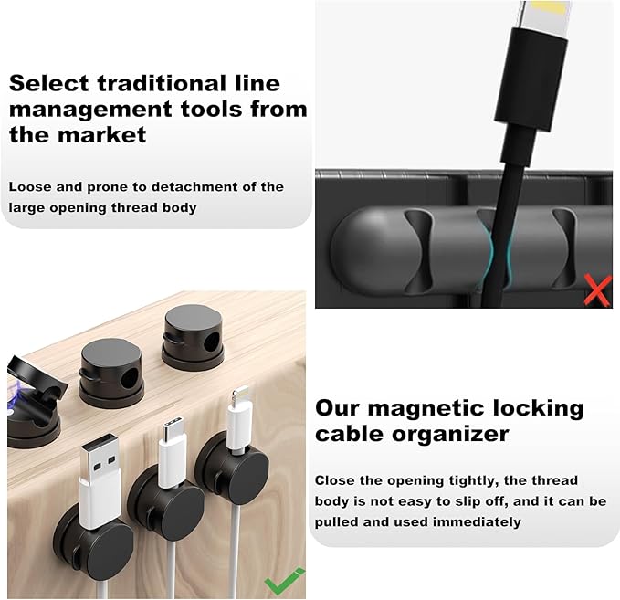6-Pack Magnetic Cable Management Clips – Cord Organizer for Home, Office, Car & Desk, Keep Charging, USB & Headphone Cables Neat and Tangle-Free
