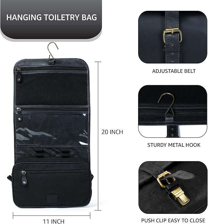 LEATHER VILLAGE Hanging Leather Toiletry Bag for Men – Handcrafted Vintage Premium Travel Dopp Kit with Waterproof Lining, Shaving Organizer and Shower Bathroom Essentials Case - Black