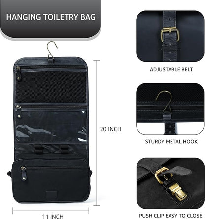 LEATHER VILLAGE Hanging Leather Toiletry Bag for Men – Handcrafted Vintage Premium Travel Dopp Kit with Waterproof Lining, Shaving Organizer and Shower Bathroom Essentials Case - Black