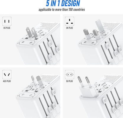 Travel Plug Adapter, 65W Fast GaN Travel Charger, International Plug Adapter with 3 USB-C PD and 1 USB-A QC with US/EU/UK/AU Convenient for iPhone,Samsung,Laptops