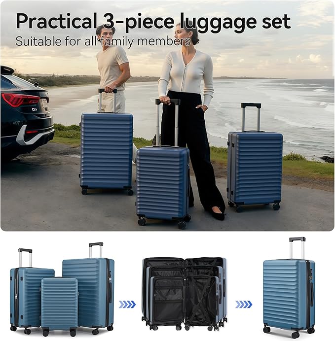 Travel Suitcase Sets 3 Piece, Expandable Hardshell Luggage Sets 3pcs with TSA Lock Spinner Wheels, Blue (20''/24''/28")