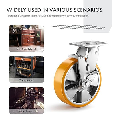 8 Inch Heavy Duty Casters Set of 4, Industrial Locking Casters 7000lbs Load Capacity, Plate Swivel Castor Wheels for Heavy Duty Carts, Workbench, Equipment, Platform Truck (Orange)