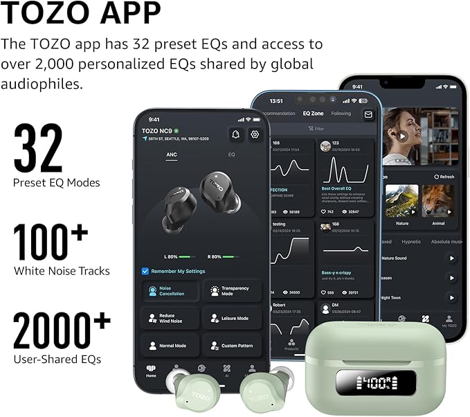 TOZO NC9 Hybrid Active Noise Cancelling Wireless Earbuds, 6 Mics ENC Clear Call, IPX8 Waterproof, in Ear Bluetooth 5.3 Headphones Stereo Bass Ear Buds 59H Playtime with LED Display 32 EQs via APP