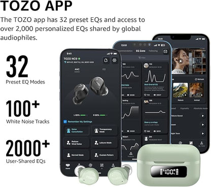 TOZO NC9 Hybrid Active Noise Cancelling Wireless Earbuds, 6 Mics ENC Clear Call, IPX8 Waterproof, in Ear Bluetooth 5.3 Headphones Stereo Bass Ear Buds 59H Playtime with LED Display 32 EQs via APP