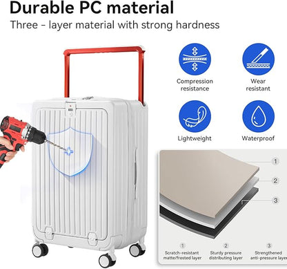 SOKOK Front Pocket Luggage with Spinner Wheels, 24'' Wide Handle Travel Suitcase PC Hardshell Multifunctional Luggage with Charging Port and Cup Holder, White