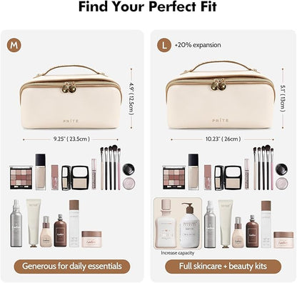 Prite Makeup Bag for Women Travel Waterproof Vegan Leather Cosmetic Bag Open Flat Toiletry Bag With Clear Divider and Handle (Large Beige)