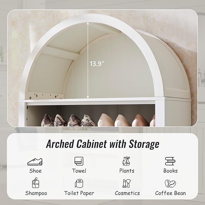 71" Tall Arched Bathroom Storage Cabinet, 7-Tier Modern Farmhouse Storage Cabinet with Adjustable Shelves, Wood Freestanding Cabinet for Bathroom, Living Room, Entryway, Hallway (Antique White)