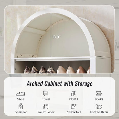 71" Tall Arched Bathroom Storage Cabinet, 7-Tier Modern Farmhouse Storage Cabinet with Adjustable Shelves, Wood Freestanding Cabinet for Bathroom, Living Room, Entryway, Hallway (Antique White)