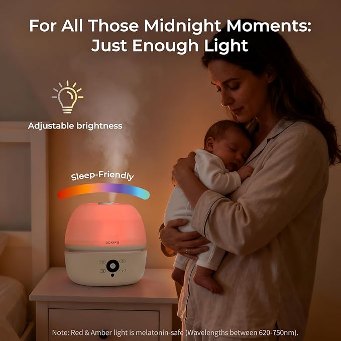 BOXING Top Fill Humidifiers for Bedroom Baby with Easy Remote, 20dB Quiet Cool Mist Air Humidifier for Large Room Home & Indoor Plants, 7 Color Night Light, Essential Oil Tray, Timer, Sleep Mode,3L
