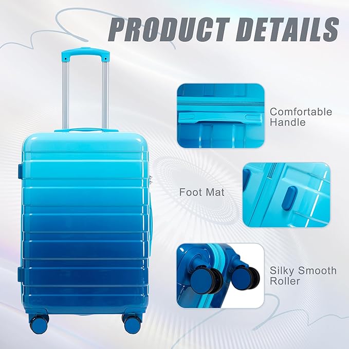 Campfun 3 Piece Luggage Sets, PC Gradient Color Suitcase Set with Double Spinner Wheels, Durable Carry On Luggage with Combination Lock, 20/24/28 inch, Light Blue+Navy