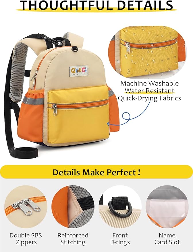 Toddler Backpack with Leash for Boys Girls Kids Kindergarten Nursery, 11” Baby Leash Backpack with Reflective, Toddler Bookbag with Anti-Lost Harness for Walking, Yellow