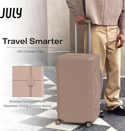 Checked Trunk - 26.8" Zipperless Airline Approved Check In Luggage with Wheels, 80/20 Opening Spinner Suitcase - TSA Lock Rolling Suitcase, Spinner Wheels, Y-Strap - Matte Light Sand