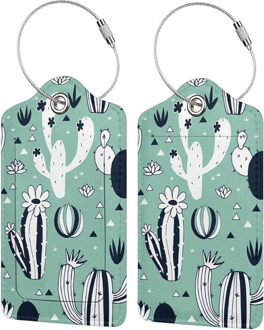 2 Pack Cute Cactus Green Suitcase Tags Identifiers Unique Leather Luggage Tags with Stainless Steel Loop Privacy Cover ID Label for Women Men Girls Boys Travel