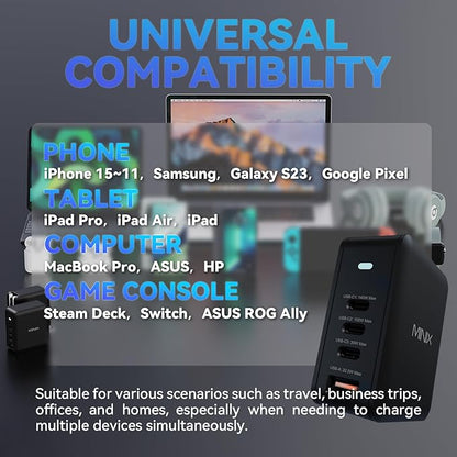 MINIX 165W USB C Charger,GaN II Charger PD3.1 Max 140W,Turbo 4-Port Charging Adapter, Fast Charging Station, Compatible with MacBook Pro/iPad Air/iPhone15 14 13Pro Max/Galaxy S24 Ultra and More
