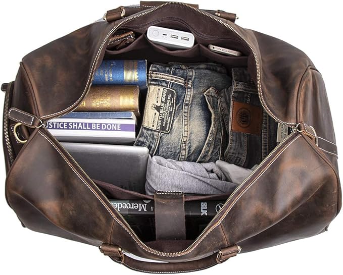 24 Inch Leather Travel Weekend Luggage Bag, Mens Duffle Retro Carry on Handbag (Dark Brown)