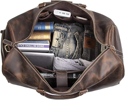 24 Inch Leather Travel Weekend Luggage Bag, Mens Duffle Retro Carry on Handbag (Dark Brown)