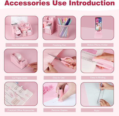 Desk Organizers and Accessories, Office Supplies 15PS Set with Stapler, Staple Remover, Pen Holder, Clips Set, Tape Dispenser, Tape, Phone Holder, 1000 Staples, Ruler, Scissors （Pink）