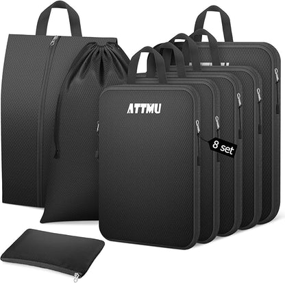 8 Set Compression Packing Cubes for Travel, Expandable Compression Cubes for Suitcases, Lightweight Suitcase Organizer with Shoes & Laundry Bags, Travel Accessories for Men Women