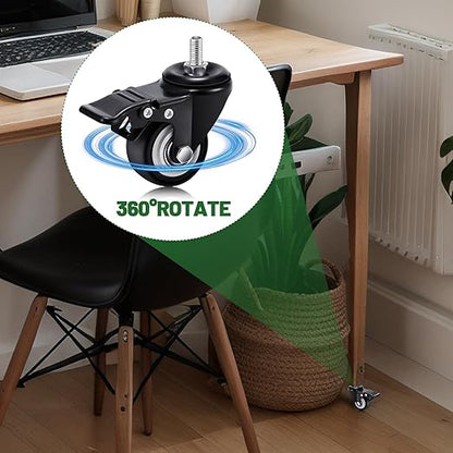 Set of 20 M8 Caster Wheels 2 Inch M8 x 15 mm Swivel Threaded Stem Caster Locking Standing Desk Wheels Heavy Duty 360° Polyurethane with Dual Brake, No Noise, 400 lb for Cart Desk Furniture