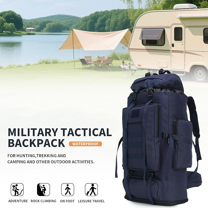 100L Hiking Camping Backpack MOLLE Rucksack Waterproof Daypack (Blue)