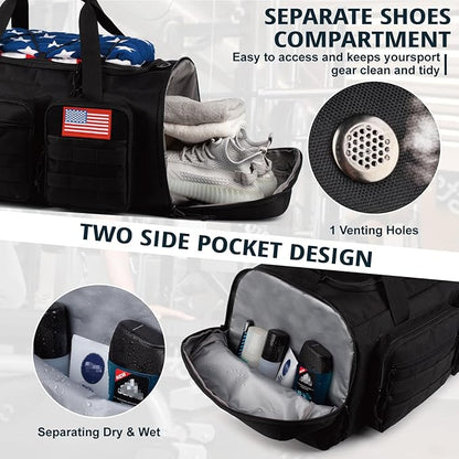 Tactical Gym Bag for Men，70L Large 3 in 1 Sports Duffle Bag with Shoes Compartment for Travel,Water Resistant Travel Backpack Weekender Overnight Bag with Wet Pocket for Women