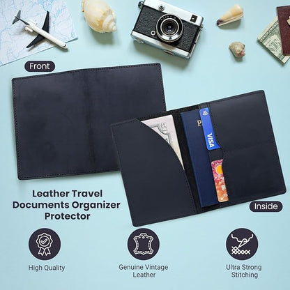 Leather Passport Holder with Travel Wallet, Genuine Leather Passport Cover- Passport Wallet, Leather Folding Wallet for Passports (Oval Cut, Black)