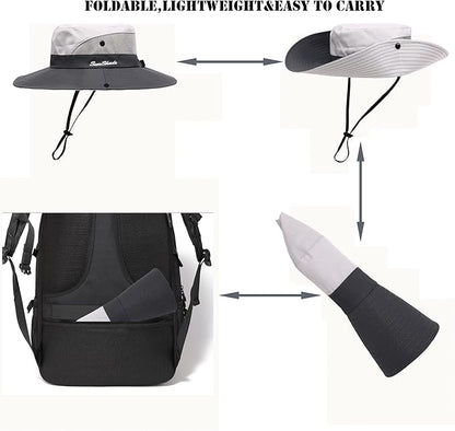Womens Summer Sun Hat Beach Hat Wide Brim Outdoor UV Protection Hat Foldable Cool Mesh Ponytail Bucket Hat