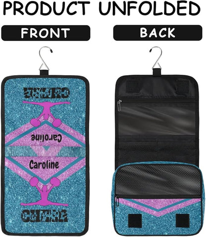 Custom Travel Toiletry Bag with Hanging Hook Cheerleading, Spacious Waterproof Toiletry Bag for Women for Travel Accessories, Toiletries Essentials Lake Blue Pink Cheer Shiny Glittering