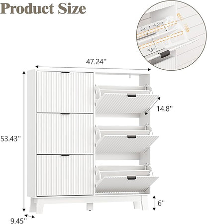 Shoe Cabinet Storage for Entryway with 6 Flip Drawers, Fluted Narrow Shoe Organizer with Wooden Legs, Freestanding Slim Shoe Storage Hidden Shoe Rack Organizer for Front Door Entrance, White