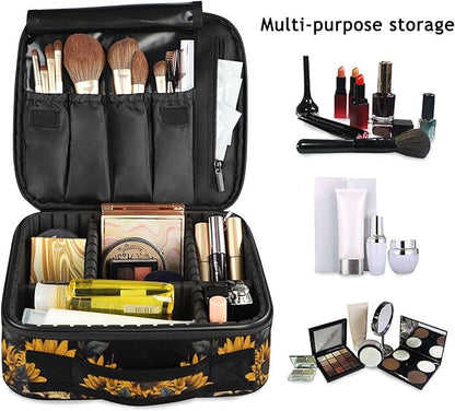 MNSRUU Travel Makeup Bag, Skull and Sunflower Women Makeup Case Organizer Cosmetic Toiletry Bag for Teenage Girl with Adjustable Dividers
