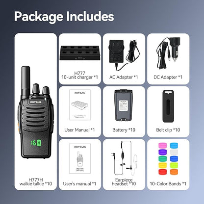 Retevis H-777H 2 Way Radio,Walkie Talkies for Adults 10 Pack with 10 Way Multi Charger,Hidden Display,Charging Progress Visible,Compact, Handheld Two Way Radios Rechargeable for Event Security