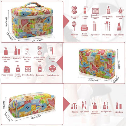 3pc Makeup Bag Set, Quilted Makeup Bag Set, Large Floral Cosmetic Bag for Women, Cute Cotton Makeup Bags, Flower Travel Toiletry Organizer Bag (Heart Shape)