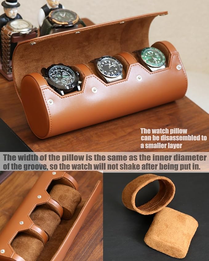 watch box organizer for mens watch case travel roll Portable 3 Watch Display Storage with Velvet Sections to Holder Large Watch (Light Brown)